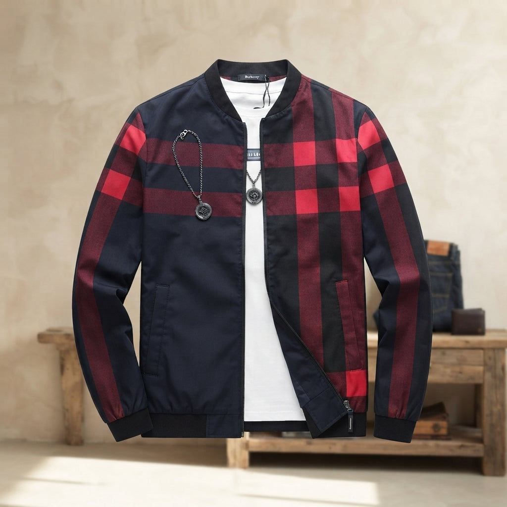 Men's Black Checkered Bomber Jacket