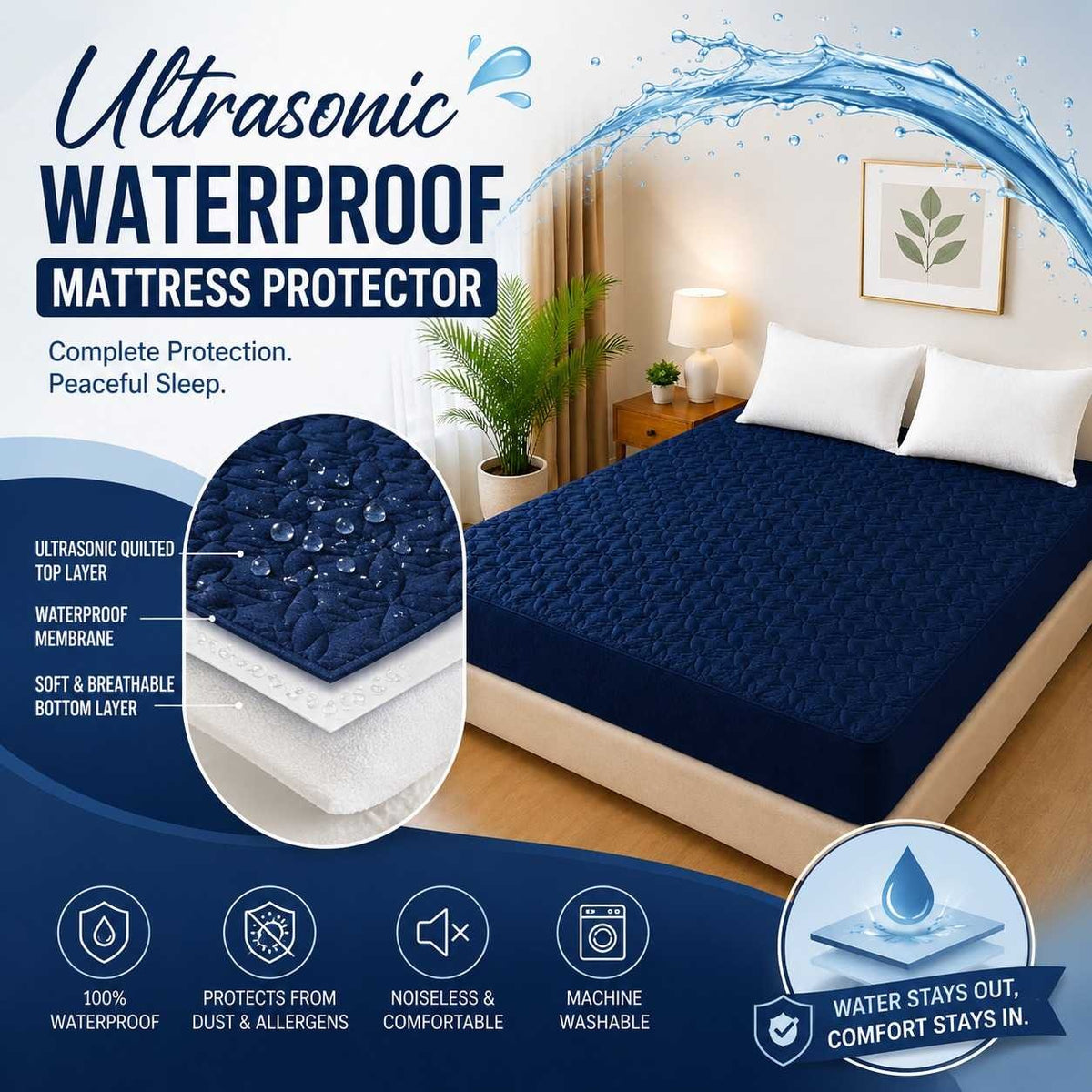 Ultrasonic Quilted Waterproof Mattress Protector – Joint-Free Fitted Cover (King Size) - Black