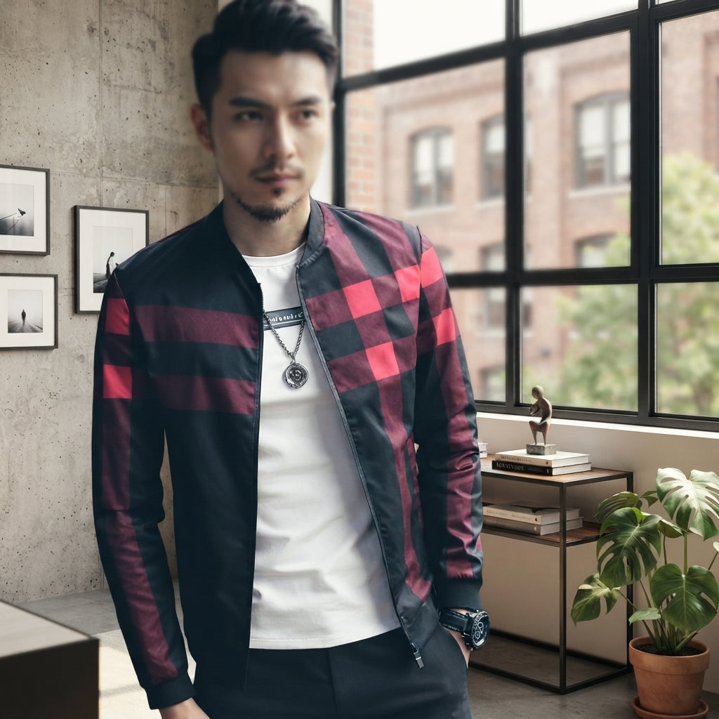 Men's Black Checkered Bomber Jacket